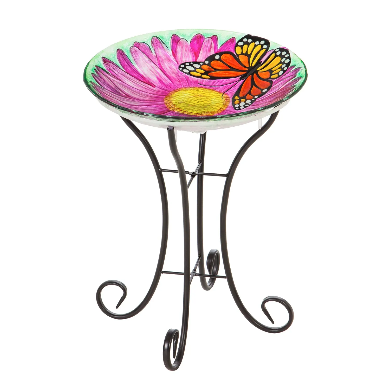 18" Solar Hand Painted Embossed Glass Bird Bath with Stand, Butterfly,2gb1186