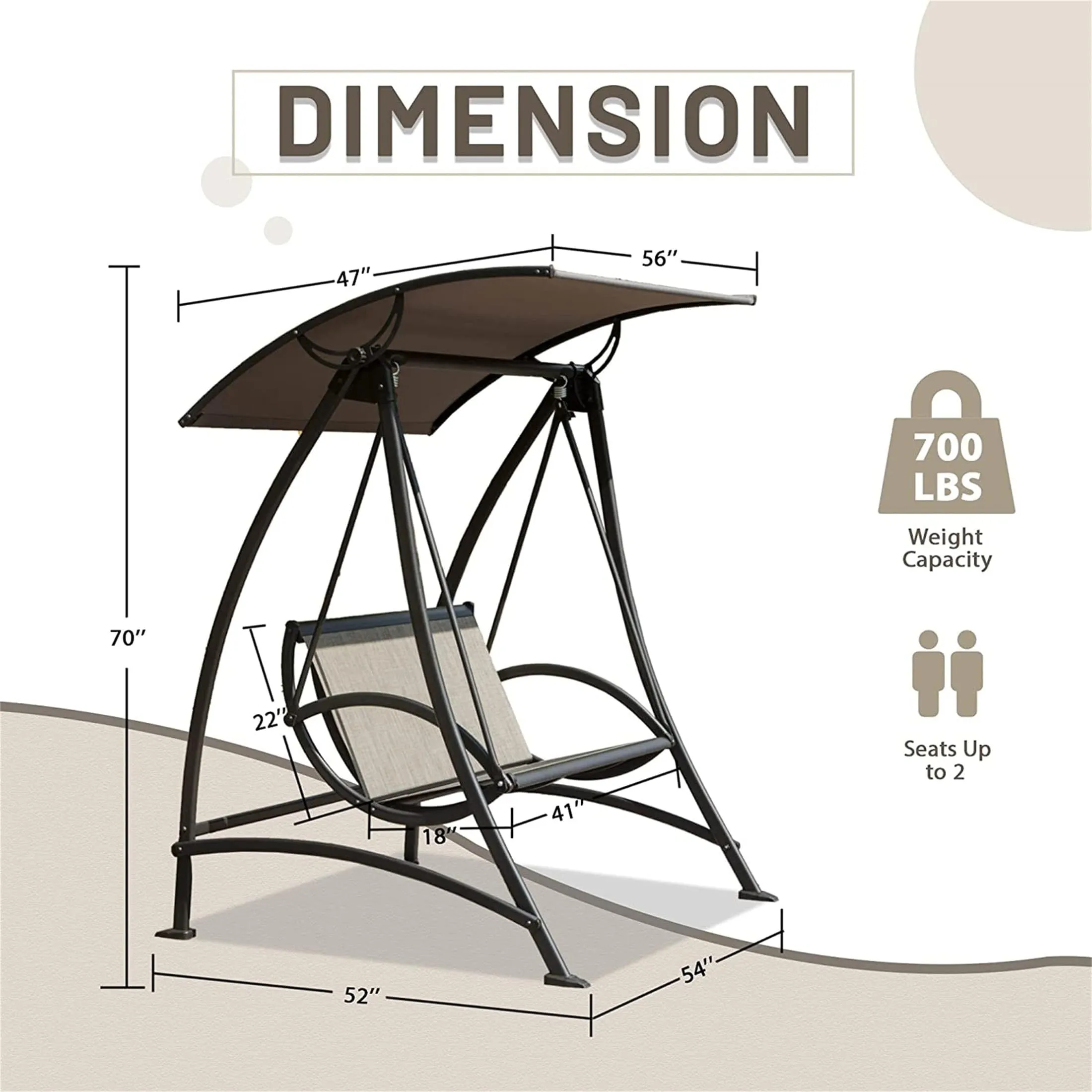 2-seat Patio Swing Chair Porch with Adjustable Canopy Brown