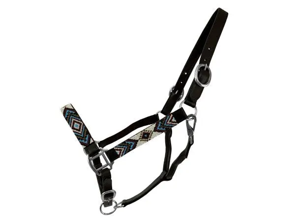 Adjustable Leather Halter with Beaded Overlay - Blue, Marrow, Gold & White