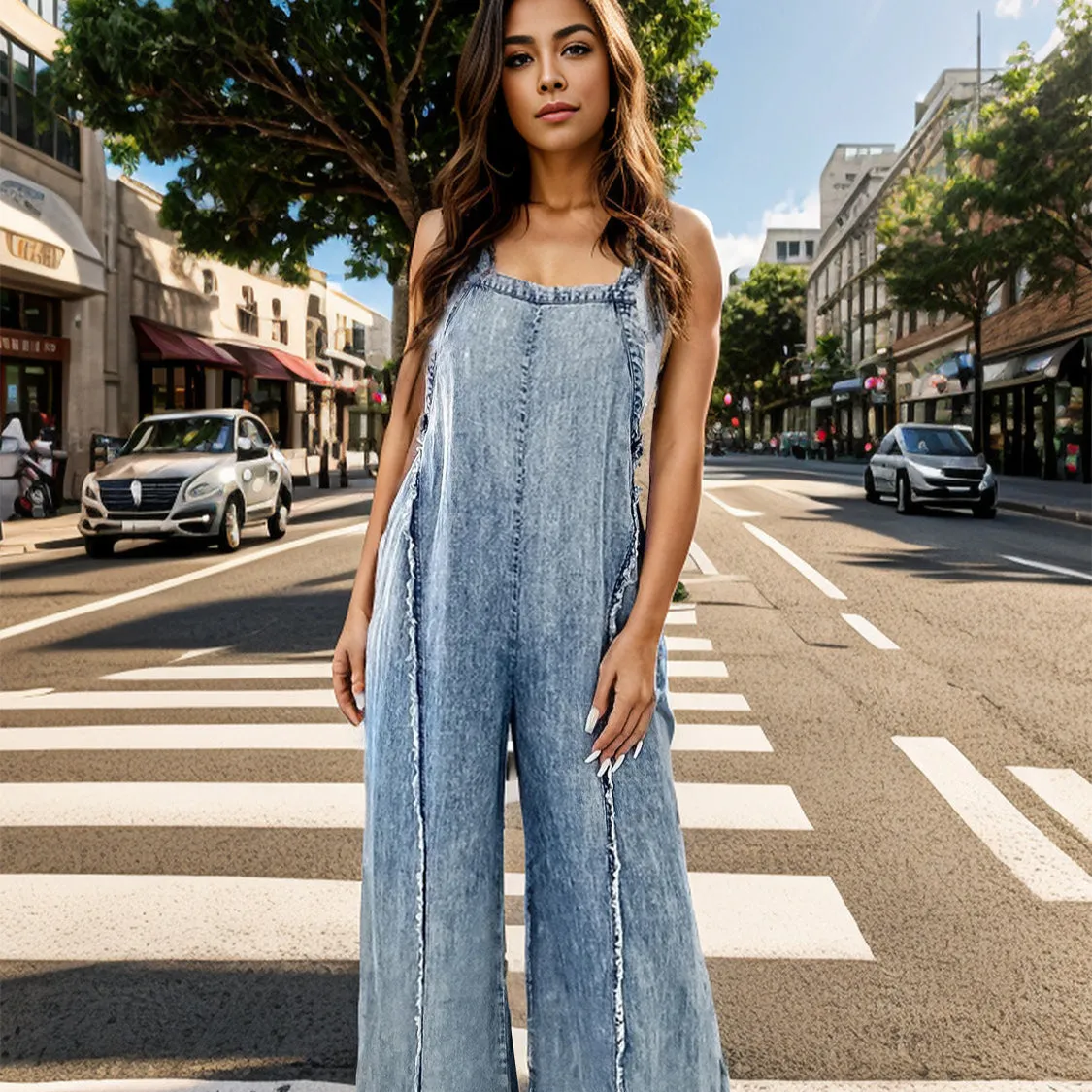 Adjustable Strap Wide Leg Denim Overalls