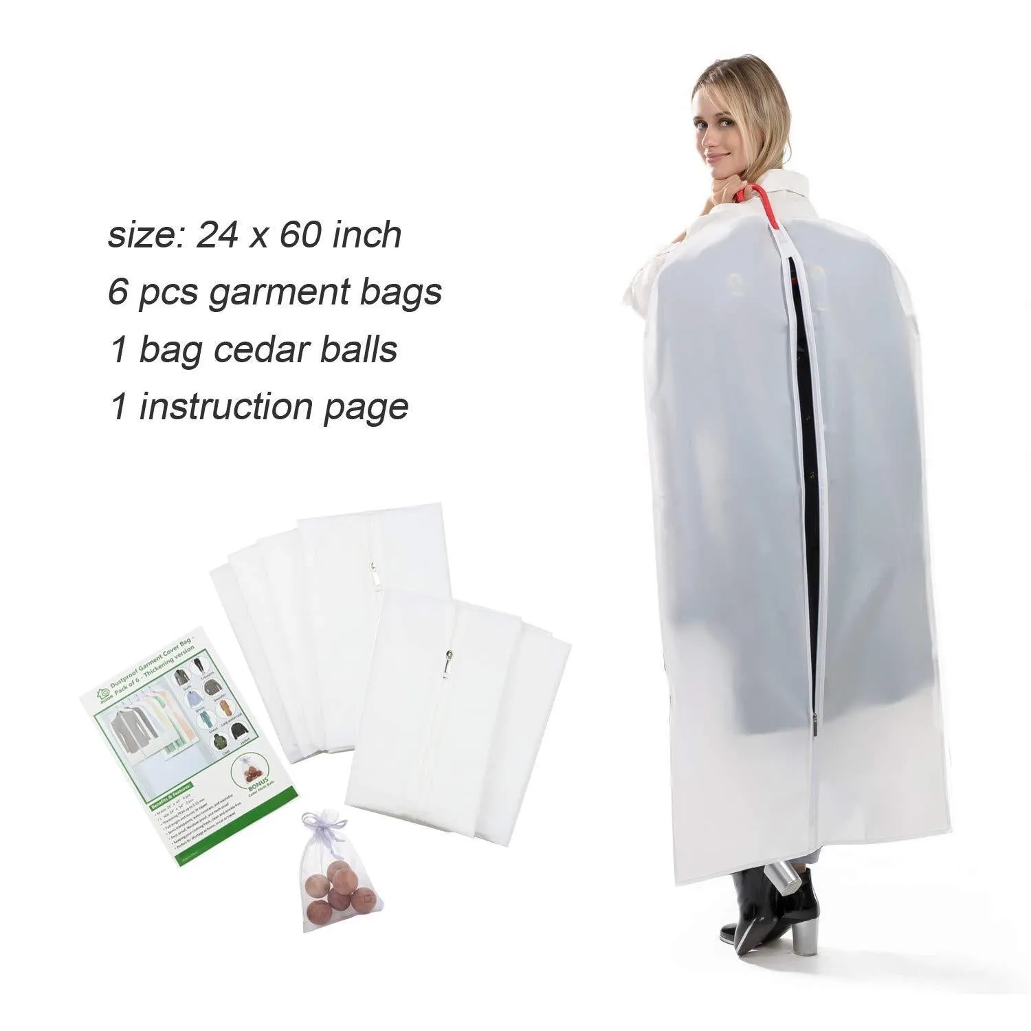 allhom dust Proof Clothing Bags - Pack of 6 pcs 60 inch Large Hanging Garment Bags and Cedar Balls, for Coat, Long Dress, Gowns, and Dance Costumes