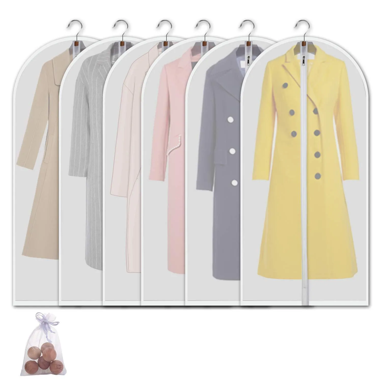 allhom dust Proof Clothing Bags - Pack of 6 pcs 60 inch Large Hanging Garment Bags and Cedar Balls, for Coat, Long Dress, Gowns, and Dance Costumes