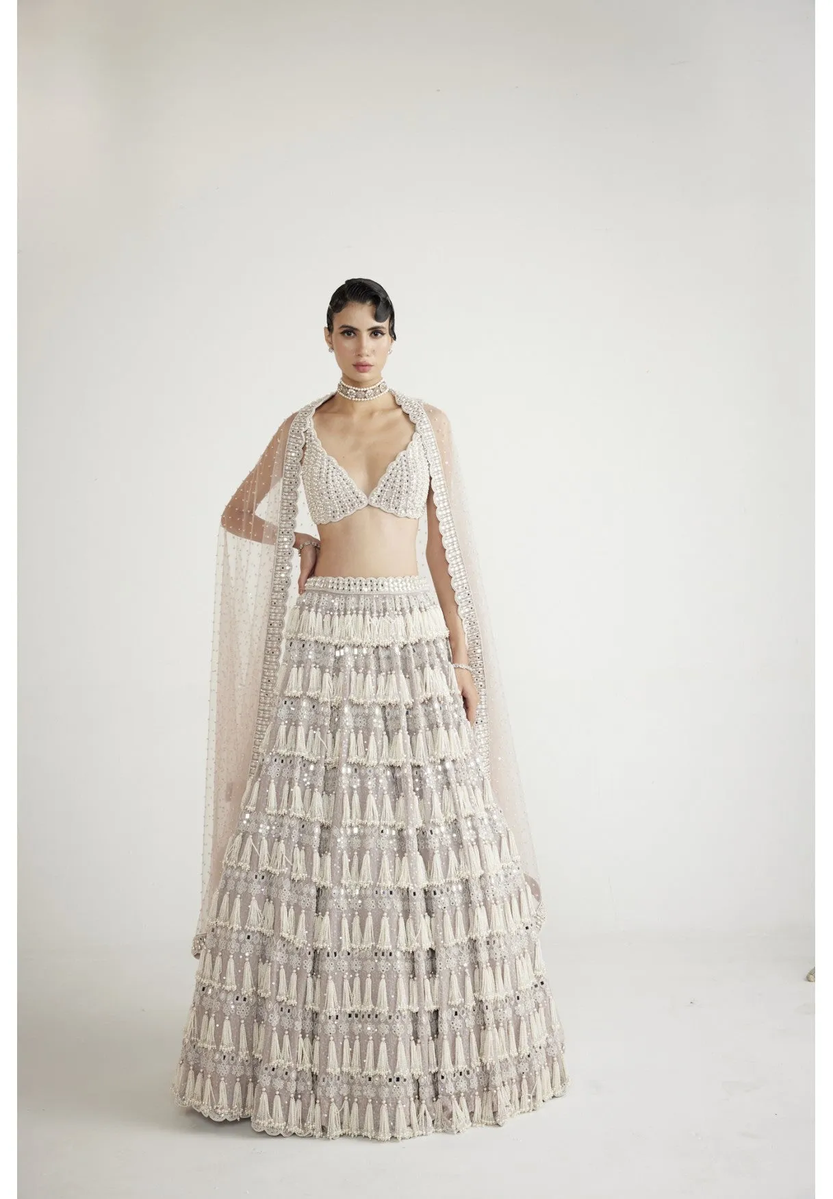 Ash Pink Chandelier Pearl Drop Lehenga Set