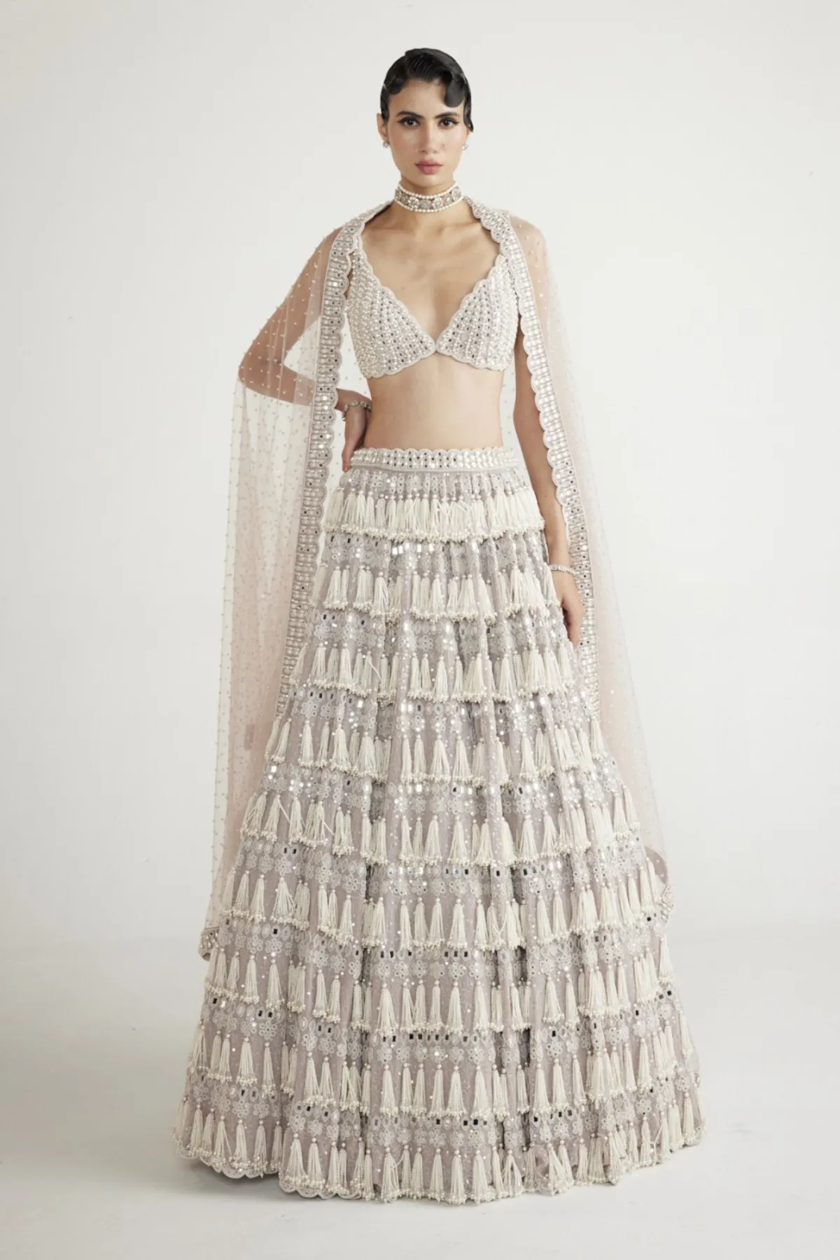 Ash Pink Chandelier Pearl Drop Lehenga Set