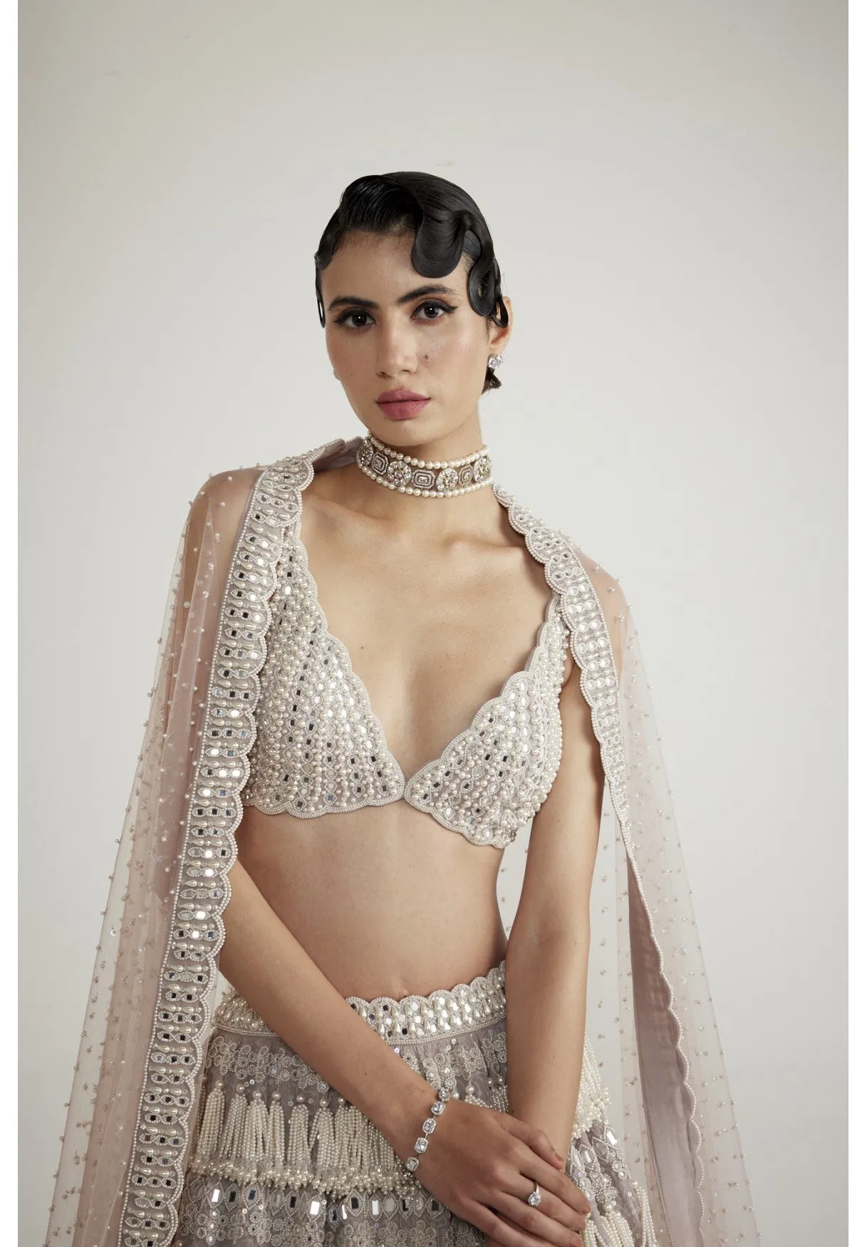 Ash Pink Chandelier Pearl Drop Lehenga Set