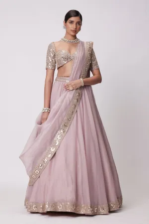 Ash Pink flower Border Organza Lehenga Set