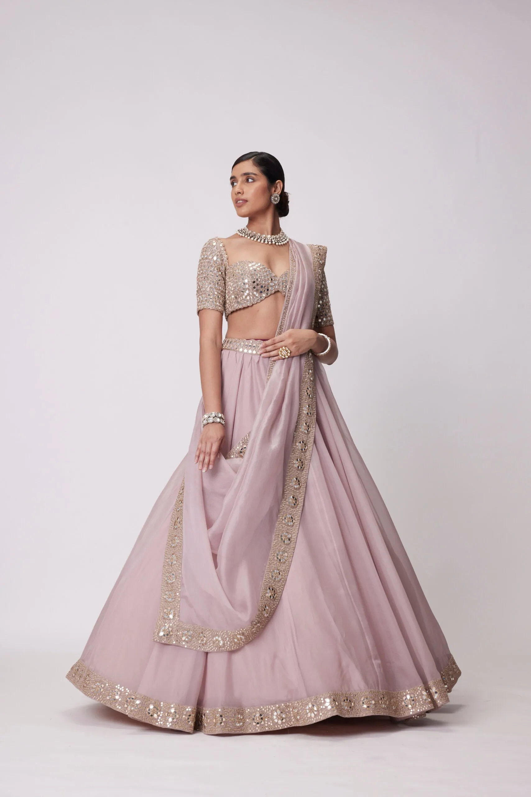 Ash Pink flower Border Organza Lehenga Set