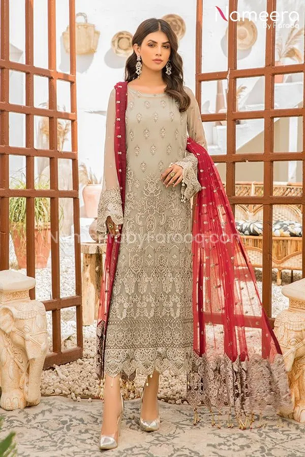 Asim Jofa Pakistani Long Dress Designer in Skin Color #PF75