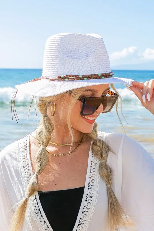 Beaded Belt Straw Panama Fedora Hat (6 Colors)