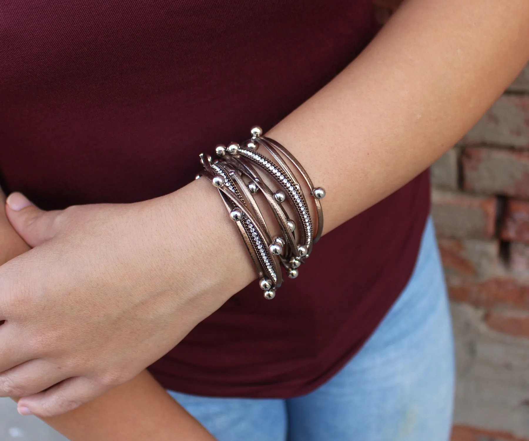 Beaded Copper Double Wrap Leather Bracelet