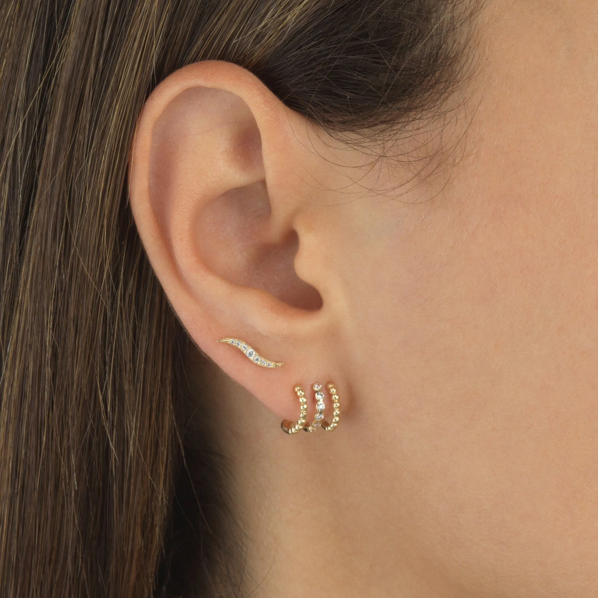 Beaded Curve Stud Earring 14K