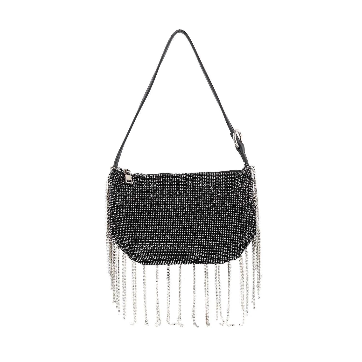 Beaded Fringe Rhinestone Shoulder Bag: Silver