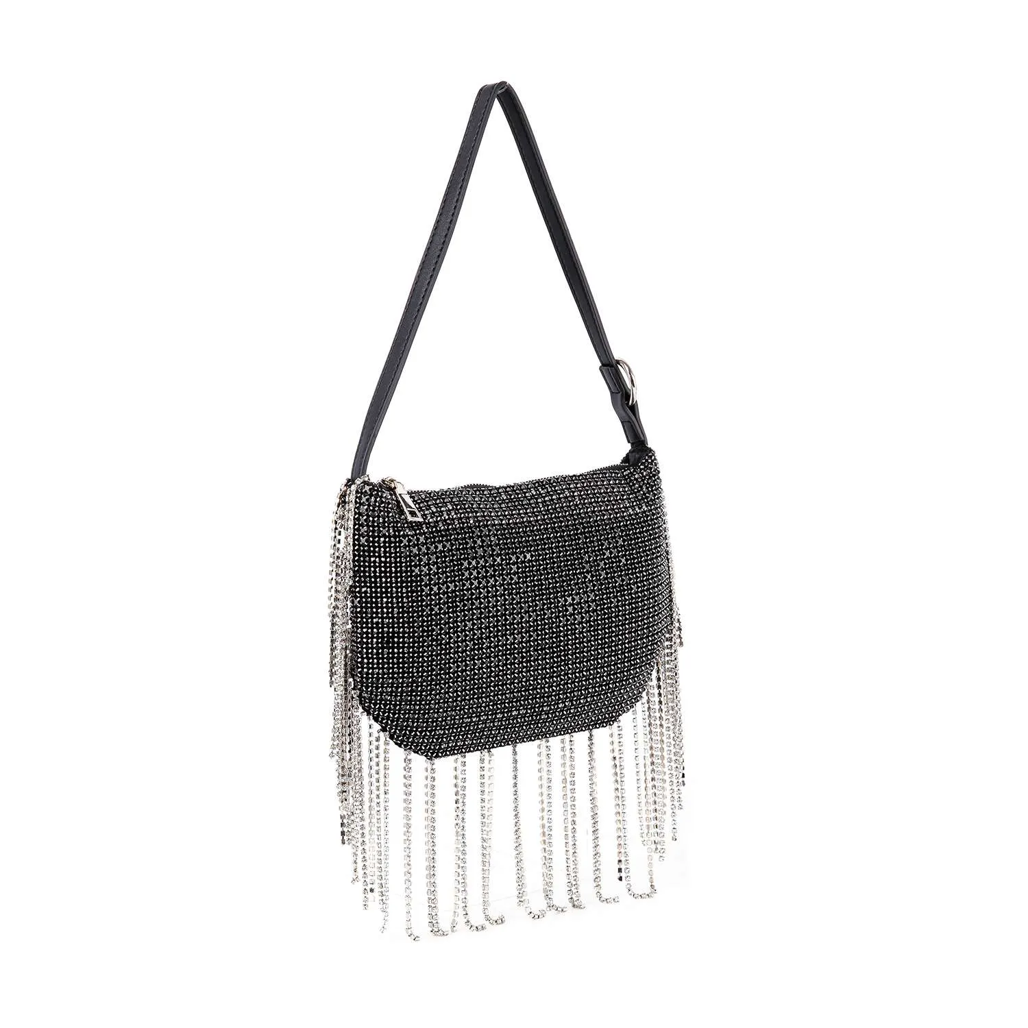 Beaded Fringe Rhinestone Shoulder Bag: Silver