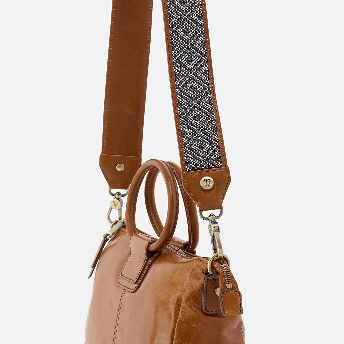 Beaded Guitar Strap In Polished Leather - Truffle