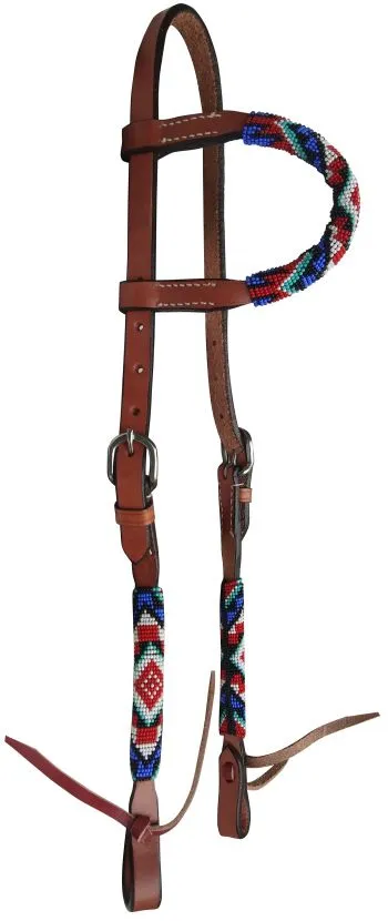 Beaded one ear headstall with southwest design black, red, blue, white, and turquoise in color.