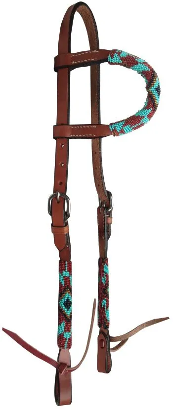 Beaded one ear headstall with southwest design burgundy and turquoise in color