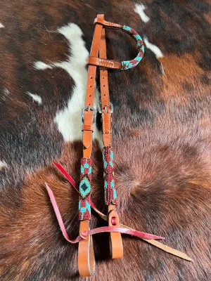Beaded one ear headstall with southwest design burgundy and turquoise in color