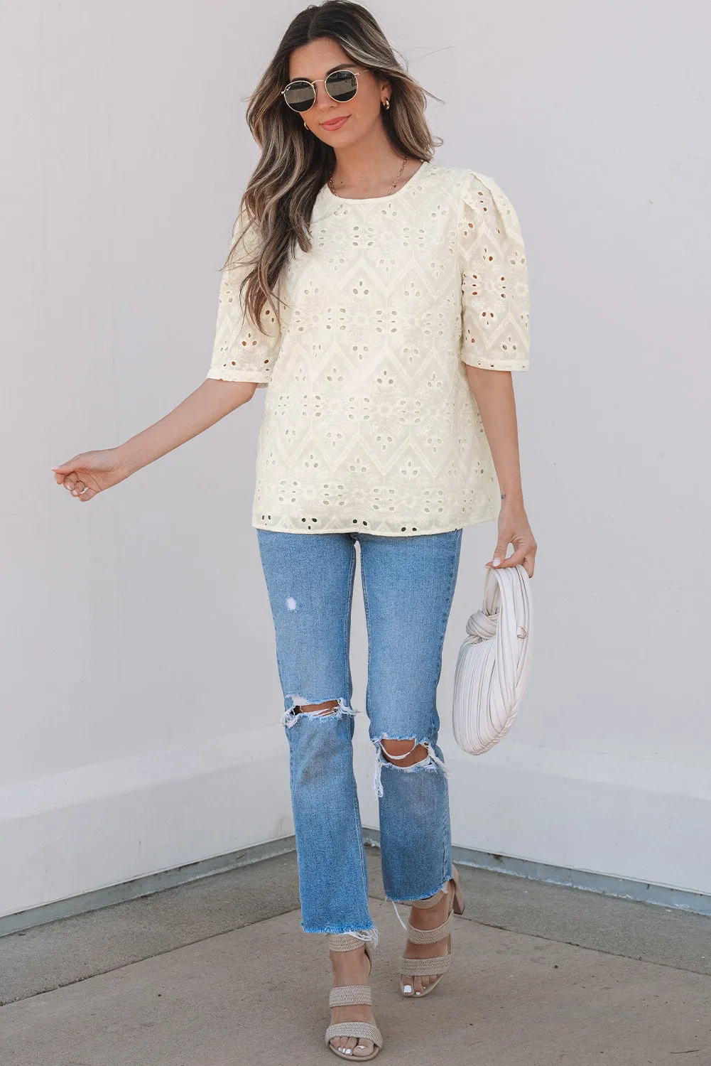 Beige Eyelet Embroidered Half Sleeve Casual Blouse