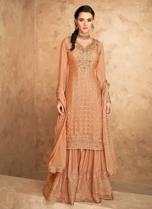 Beige Gold Embroidered Designer Sharara Style Suit