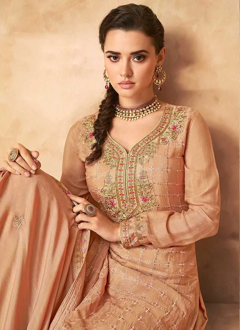 Beige Gold Embroidered Designer Sharara Style Suit