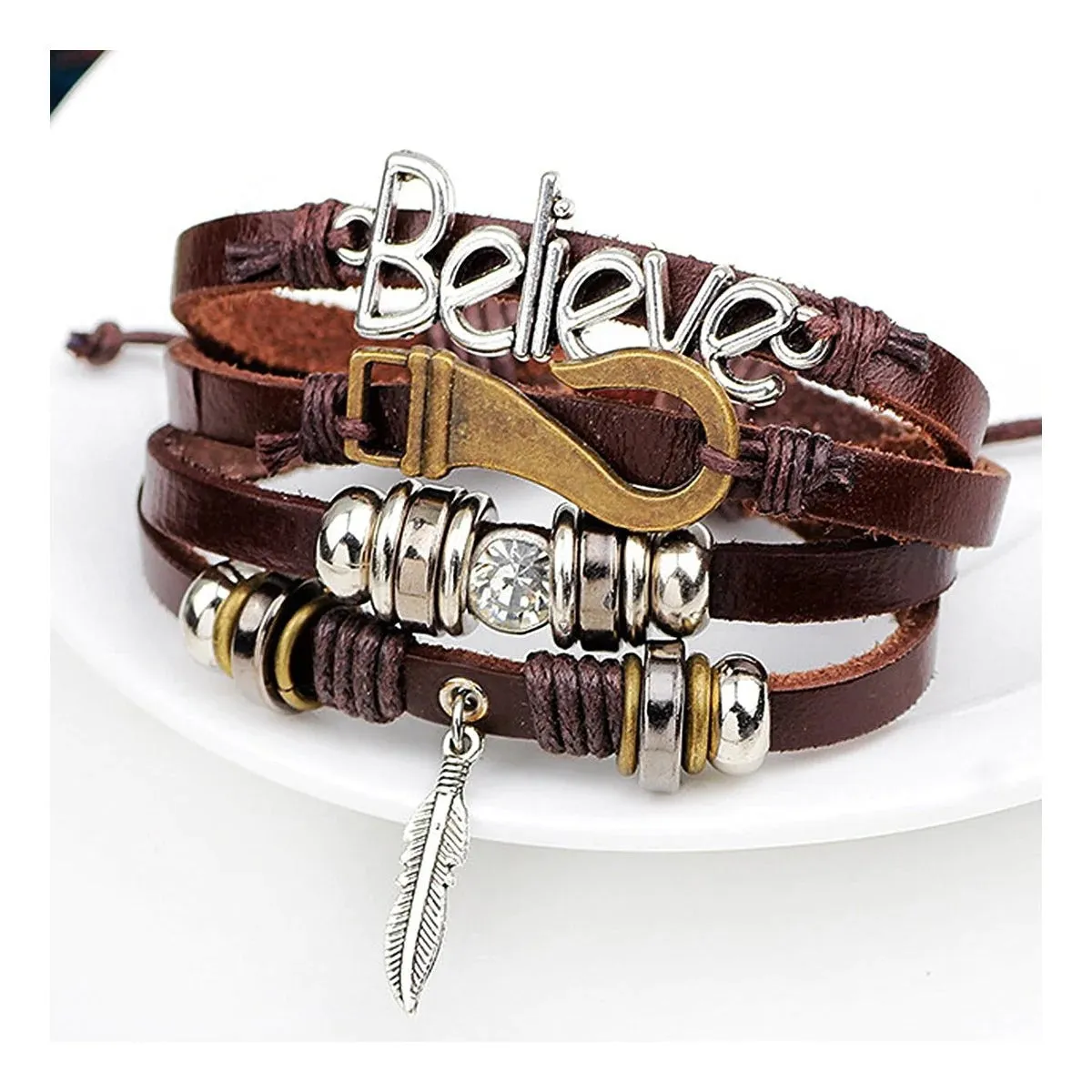 Believe Multi Strand Brown Leather Beads Charm Bracelet for Men