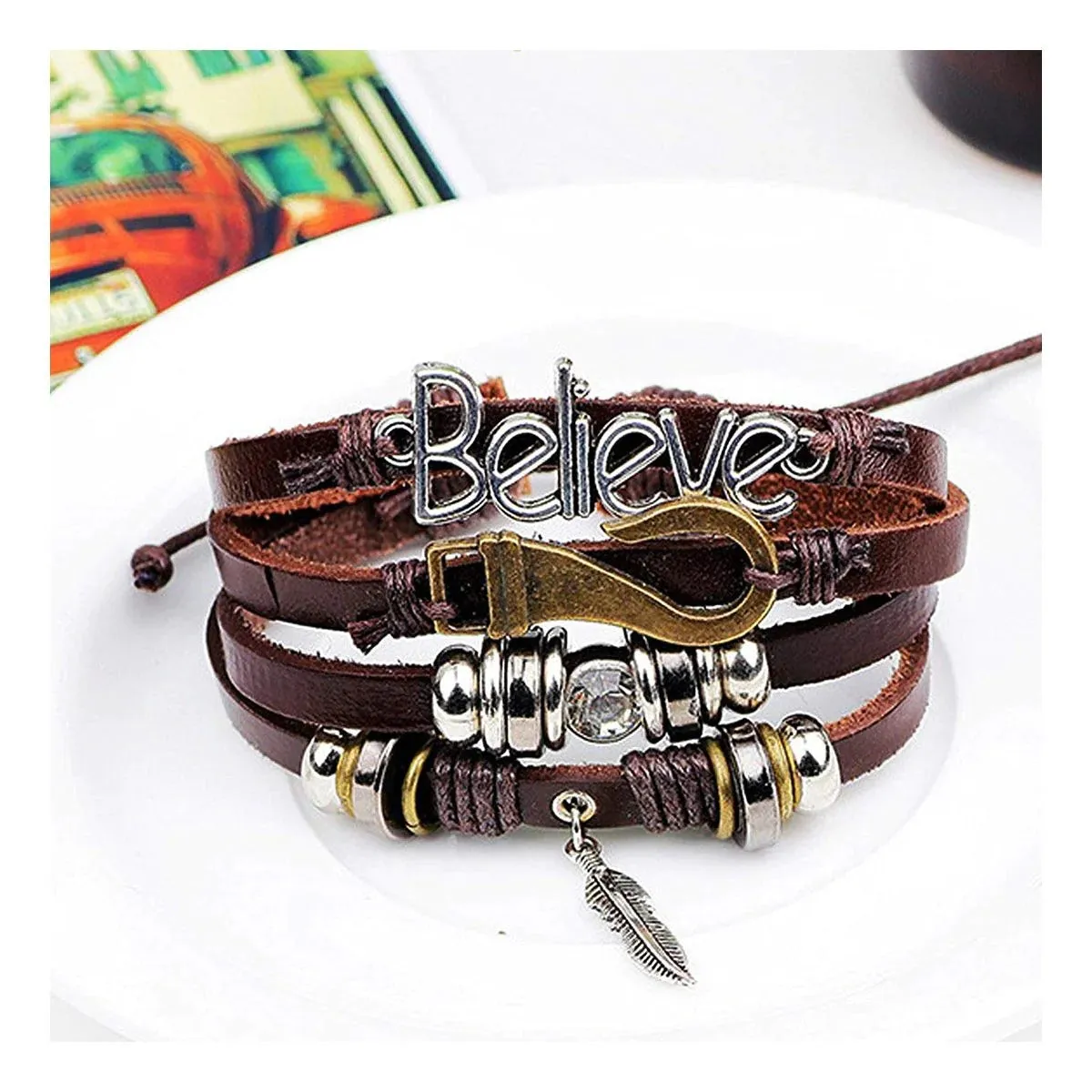 Believe Multi Strand Brown Leather Beads Charm Bracelet for Men