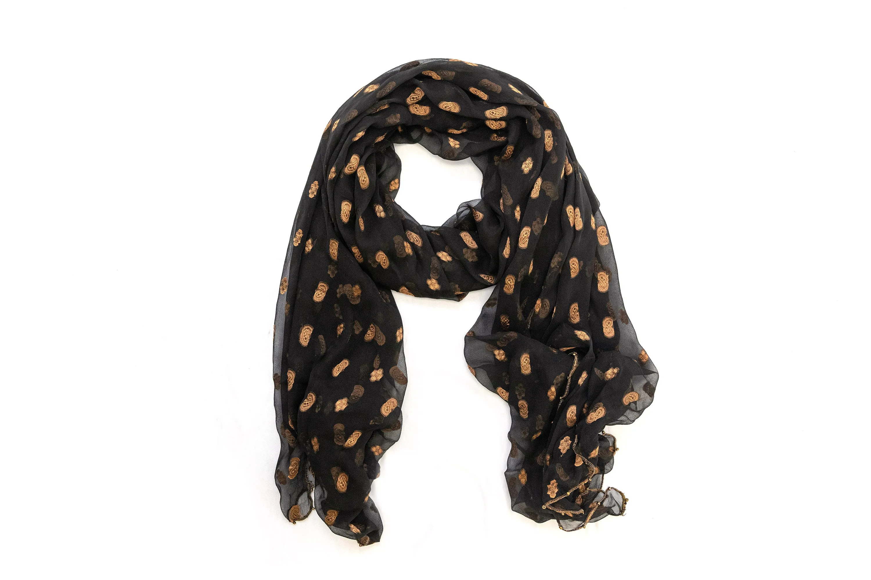 Black & Gold Chiffon Embroidered Dupatta - Scarf