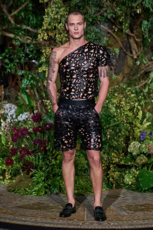 BLACK BEADED LASER CUT VEGAN LEATHER SHORTS