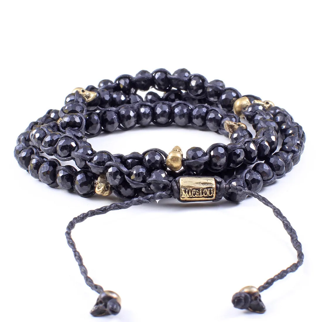 Black Spinel with Skulls 3-Layer Wrap Bracelet