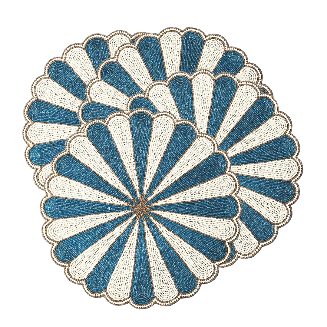 Blue and White Beaded Scallop Round Placemats