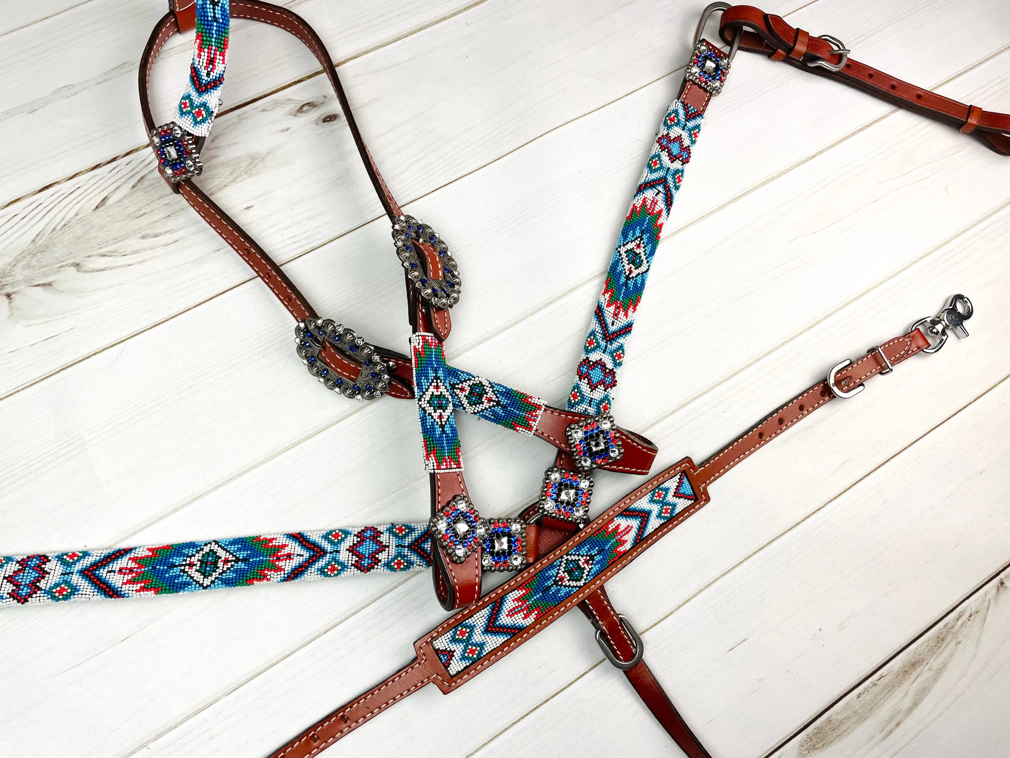 Blue Red White Aztec Pattern Beaded Tack Set