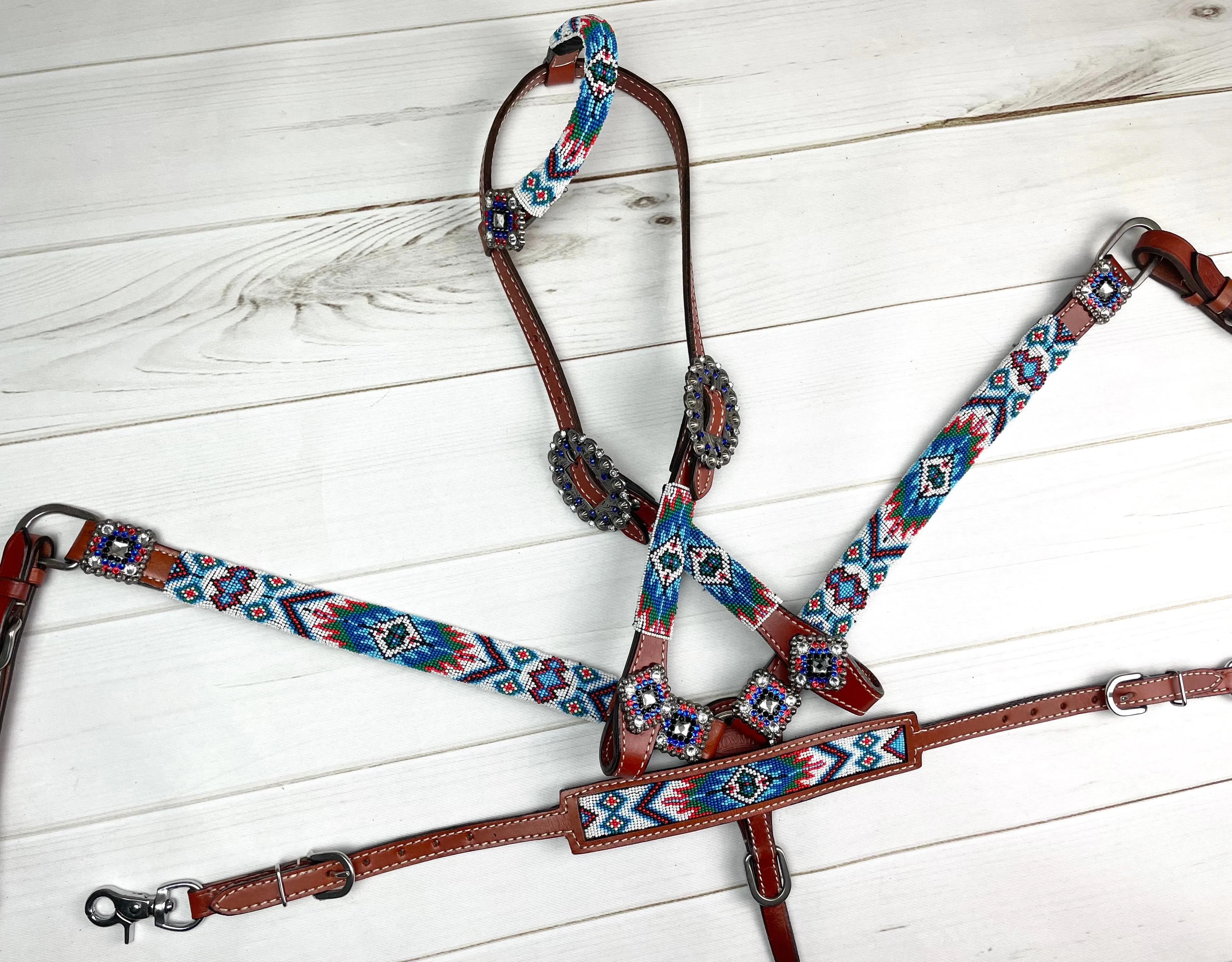 Blue Red White Aztec Pattern Beaded Tack Set