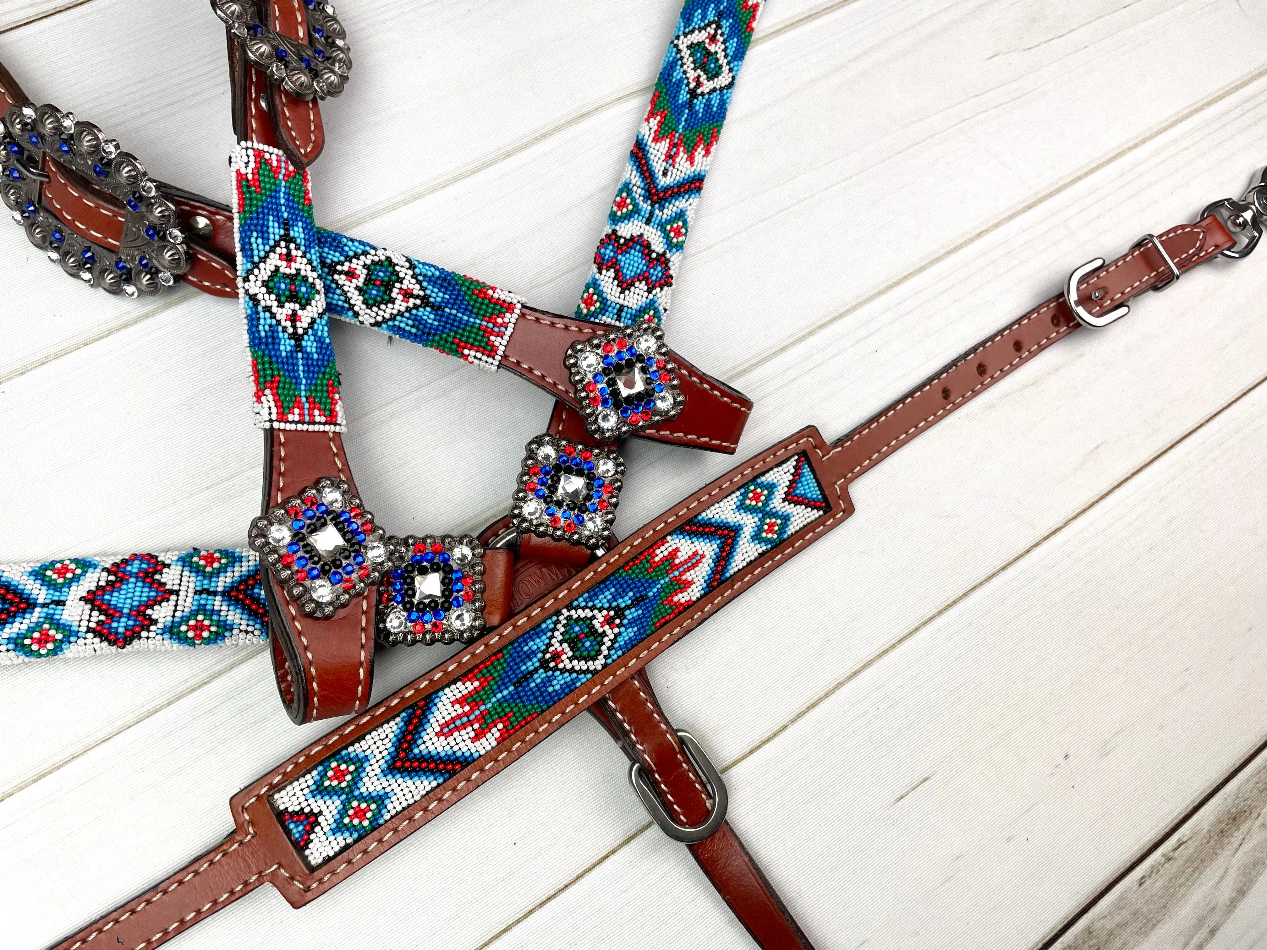 Blue Red White Aztec Pattern Beaded Tack Set