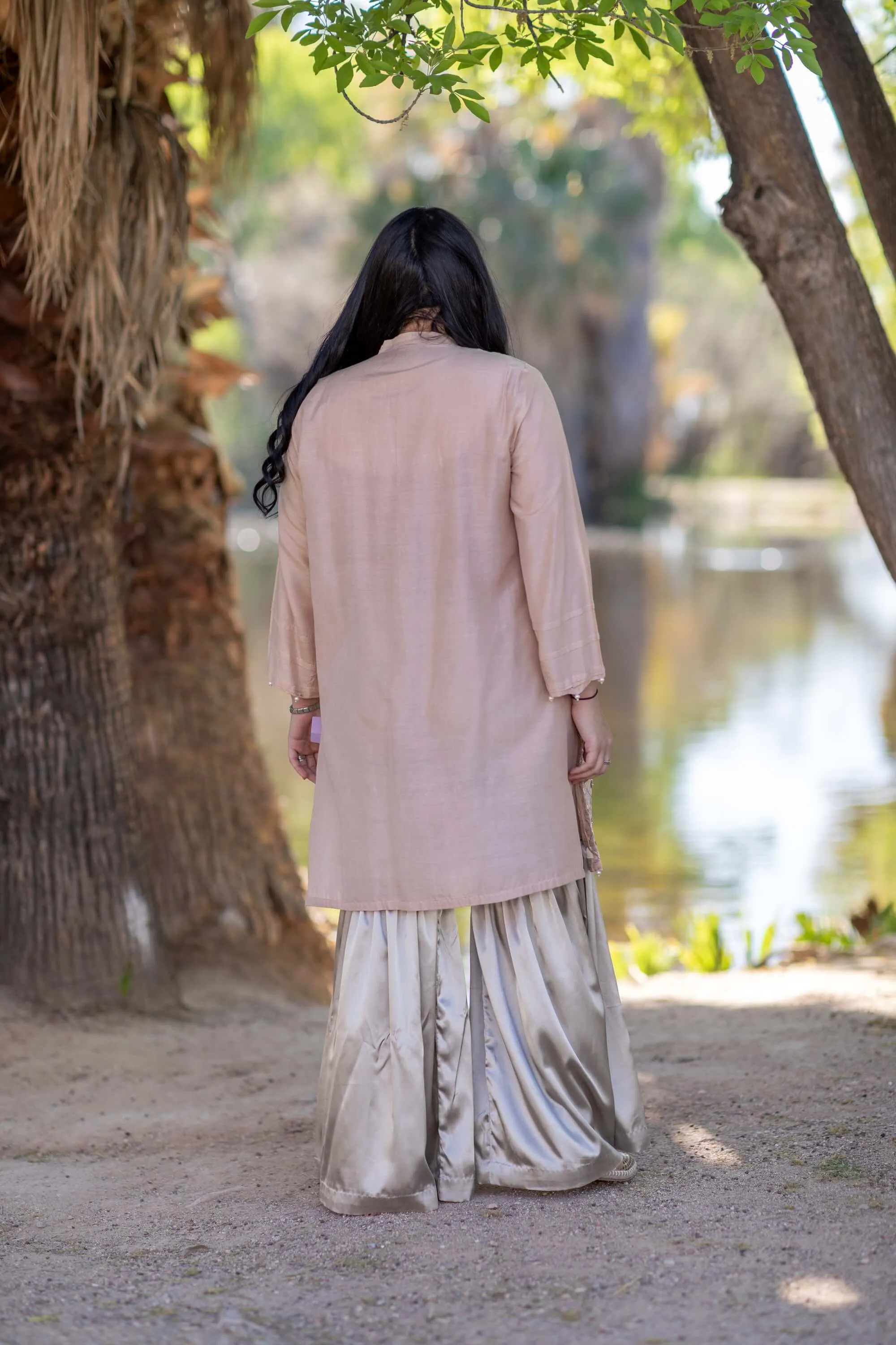 Blush Pink Beaded Embroidered Silk Shirt-Kurti