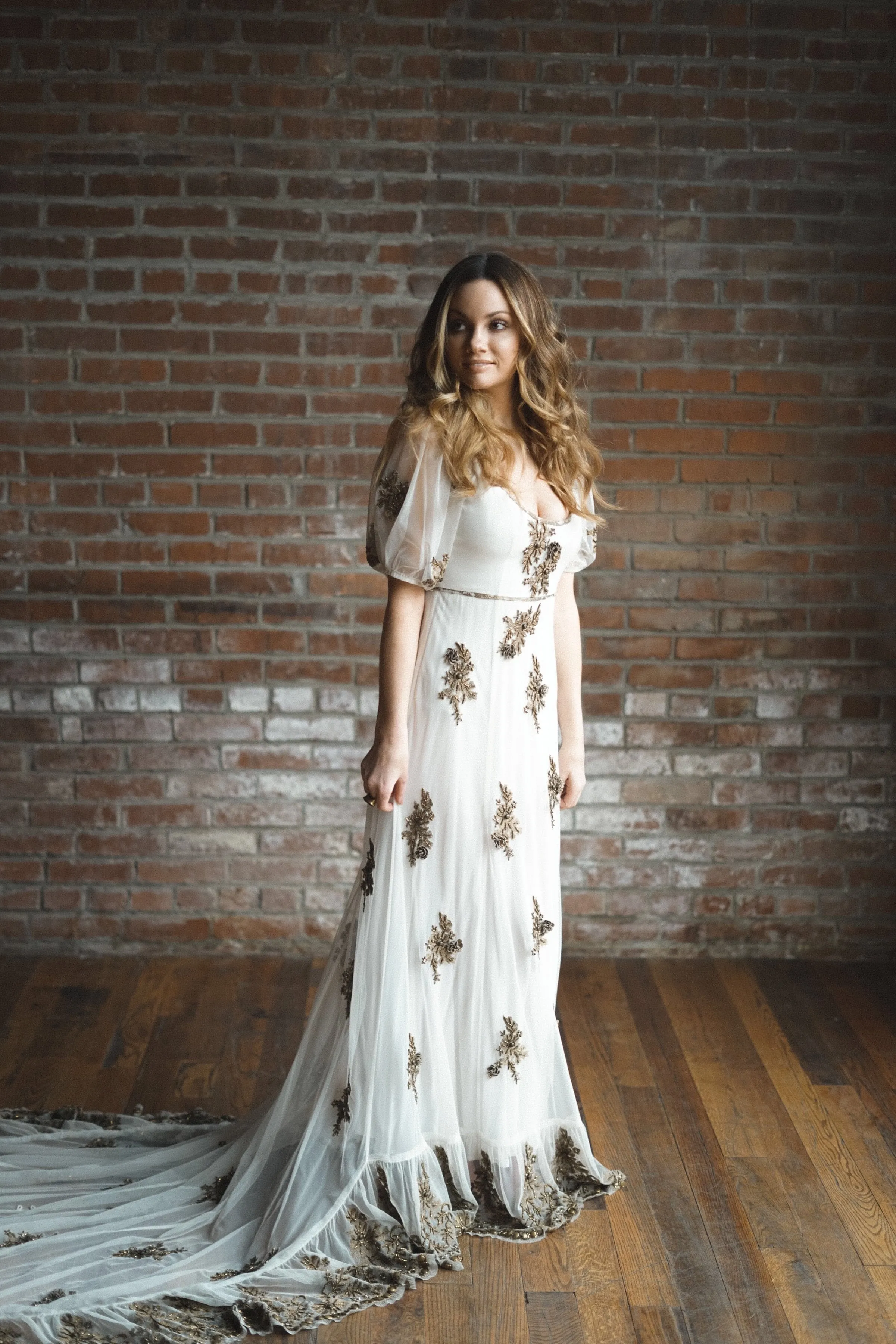 Brass Embroidered Gown with Train, US 6