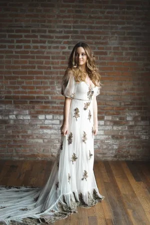Brass Embroidered Gown with Train, US 6