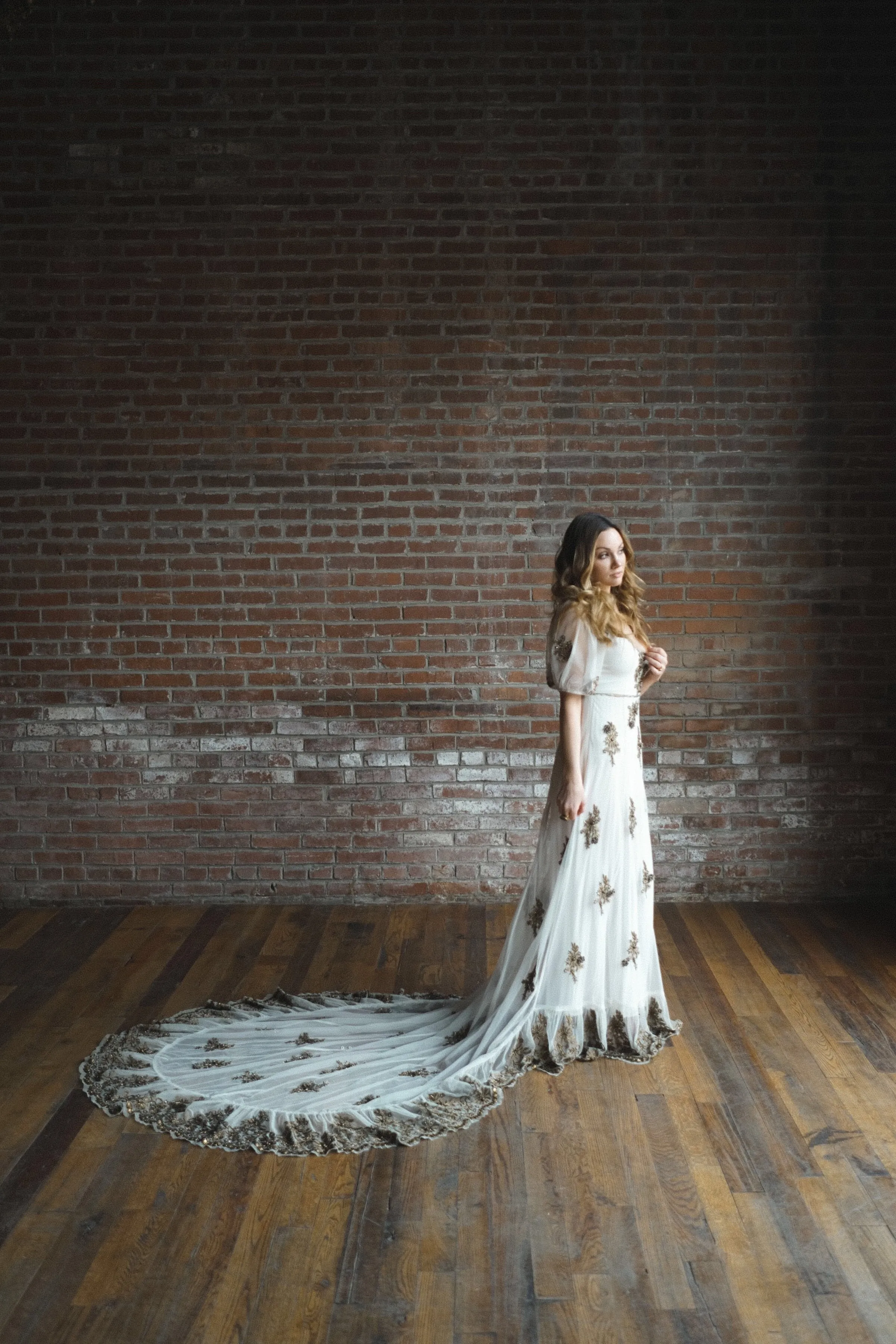 Brass Embroidered Gown with Train, US 6
