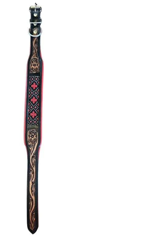 Cardinal Tooled Saddle Leather Red Beaded Dog Collar