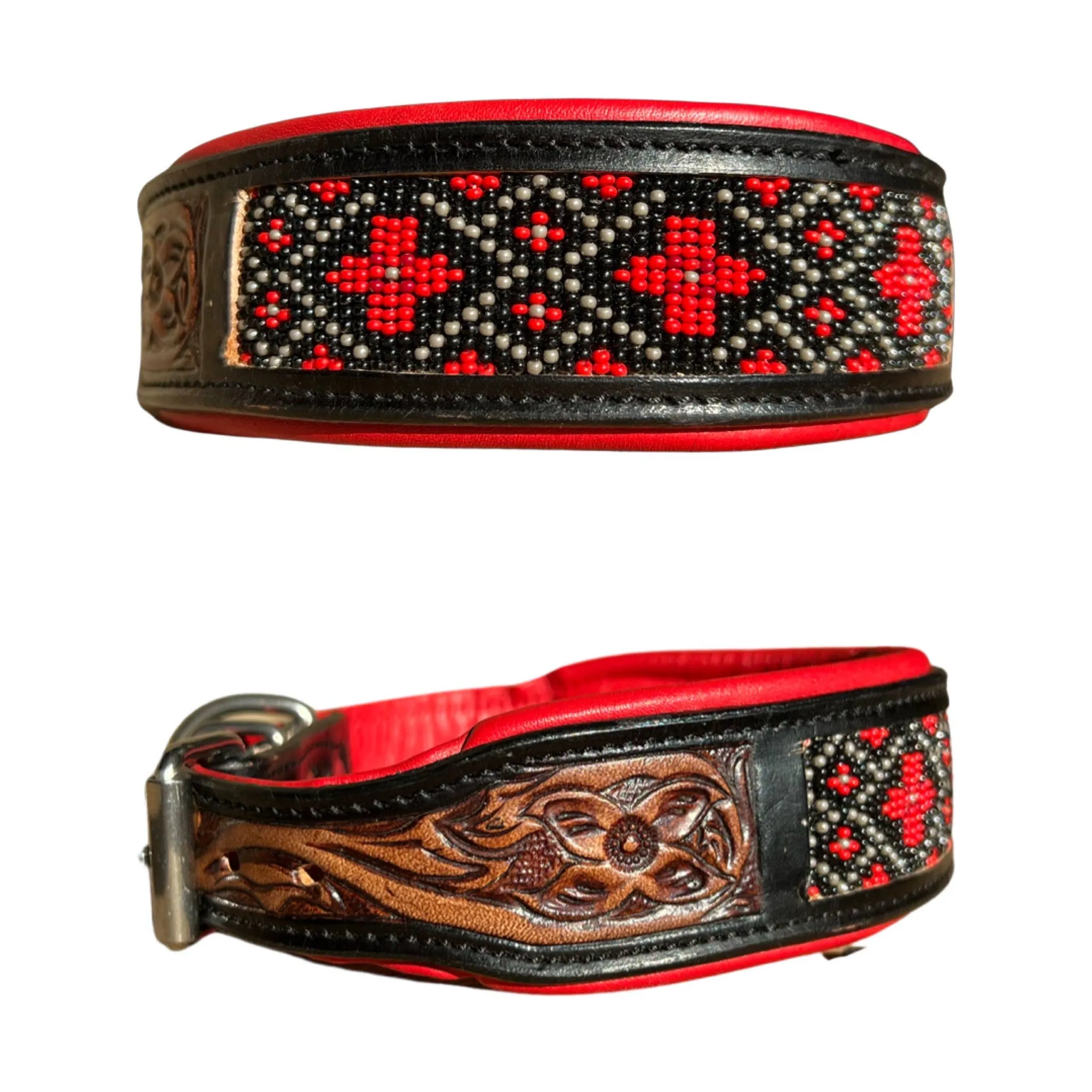 Cardinal Tooled Saddle Leather Red Beaded Dog Collar