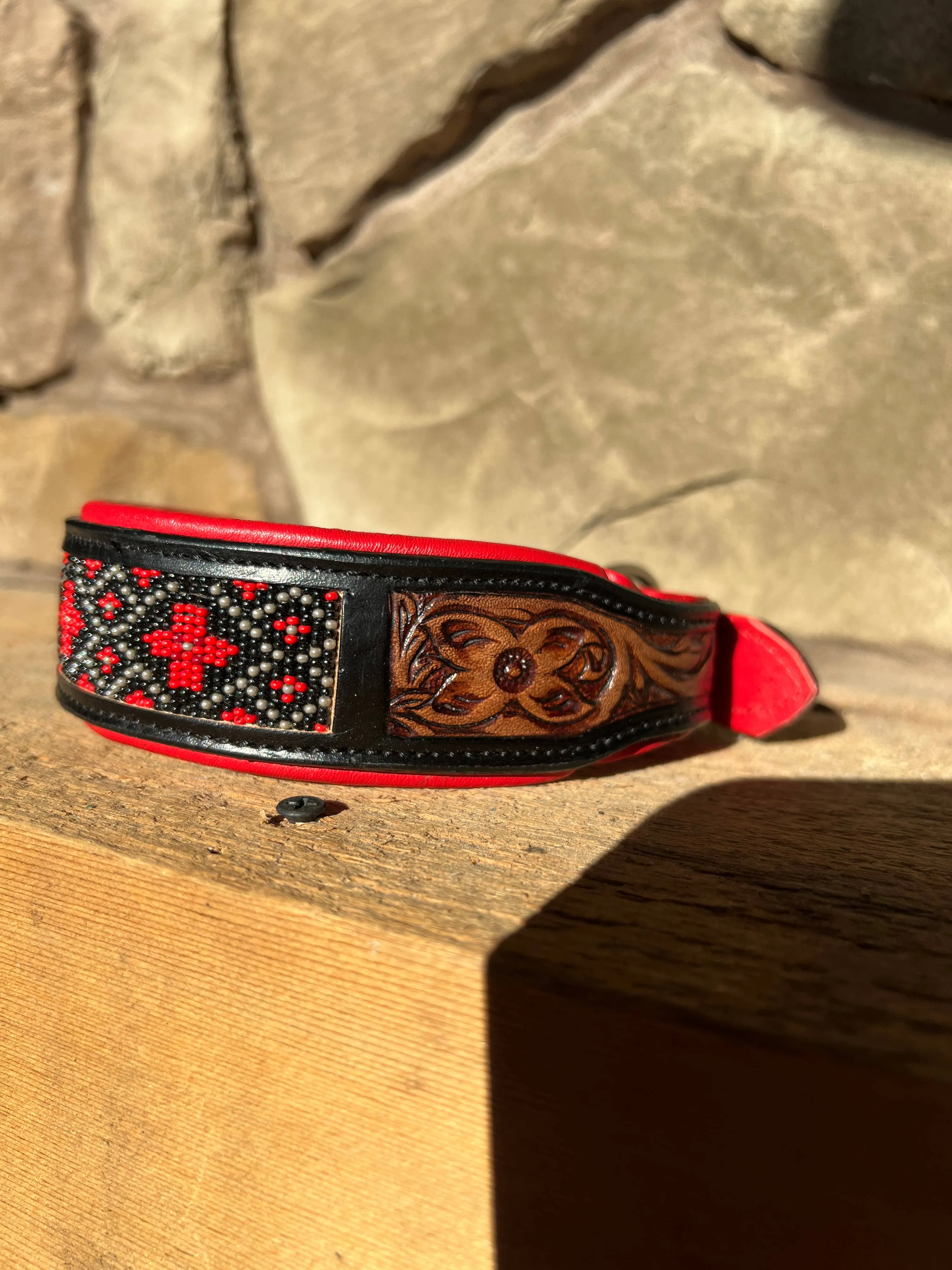 Cardinal Tooled Saddle Leather Red Beaded Dog Collar