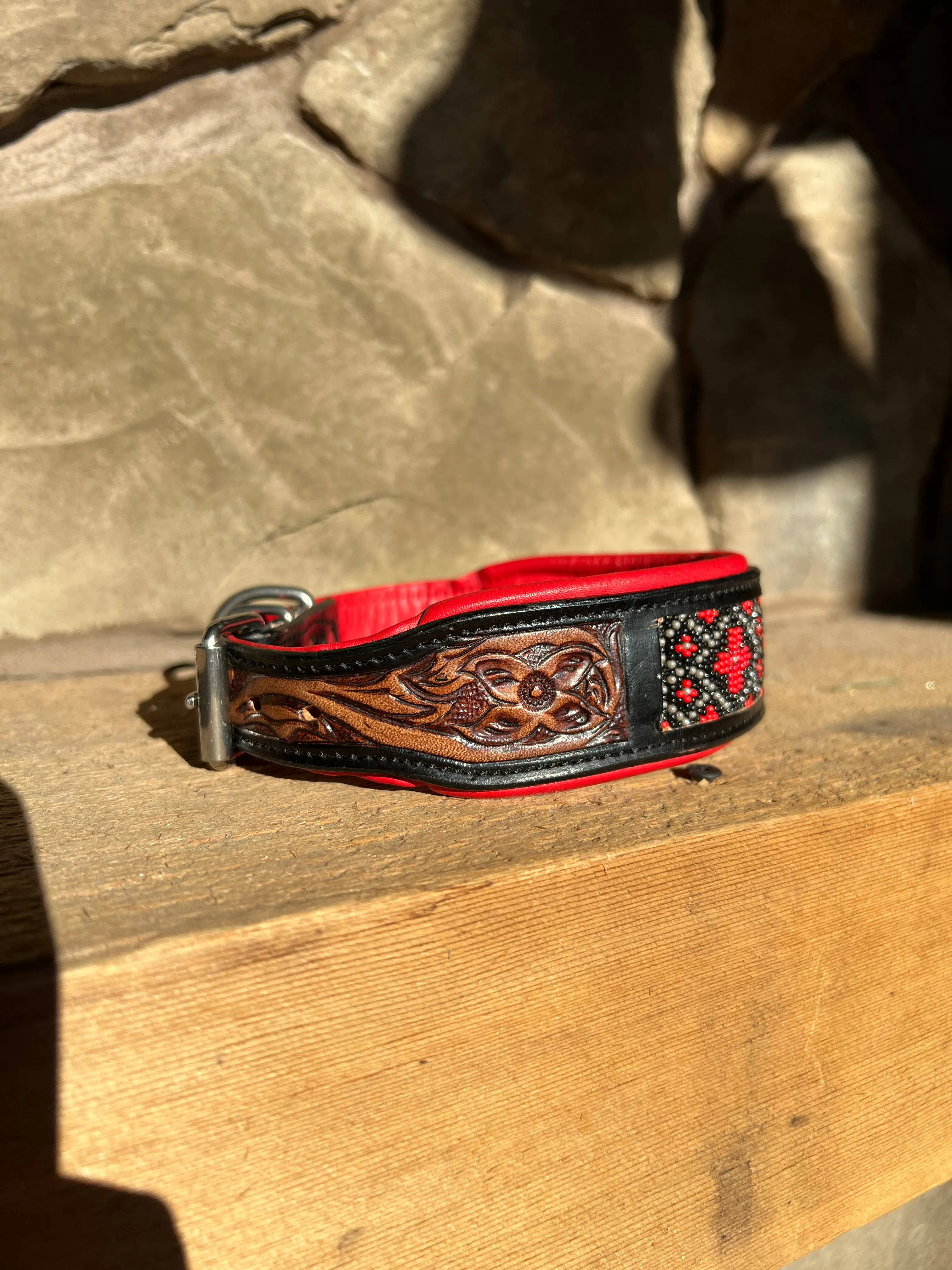 Cardinal Tooled Saddle Leather Red Beaded Dog Collar