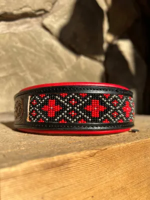Cardinal Tooled Saddle Leather Red Beaded Dog Collar