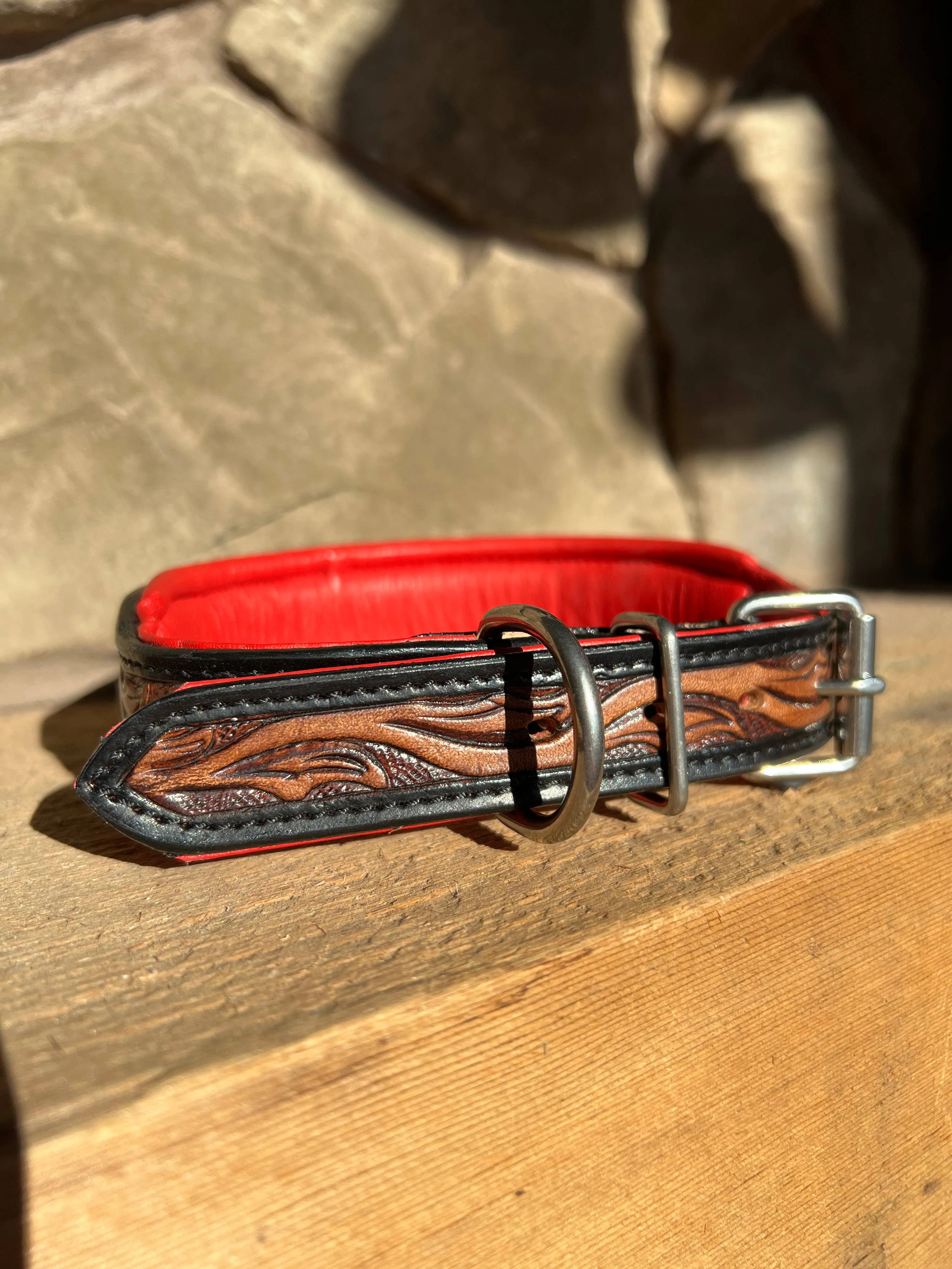 Cardinal Tooled Saddle Leather Red Beaded Dog Collar
