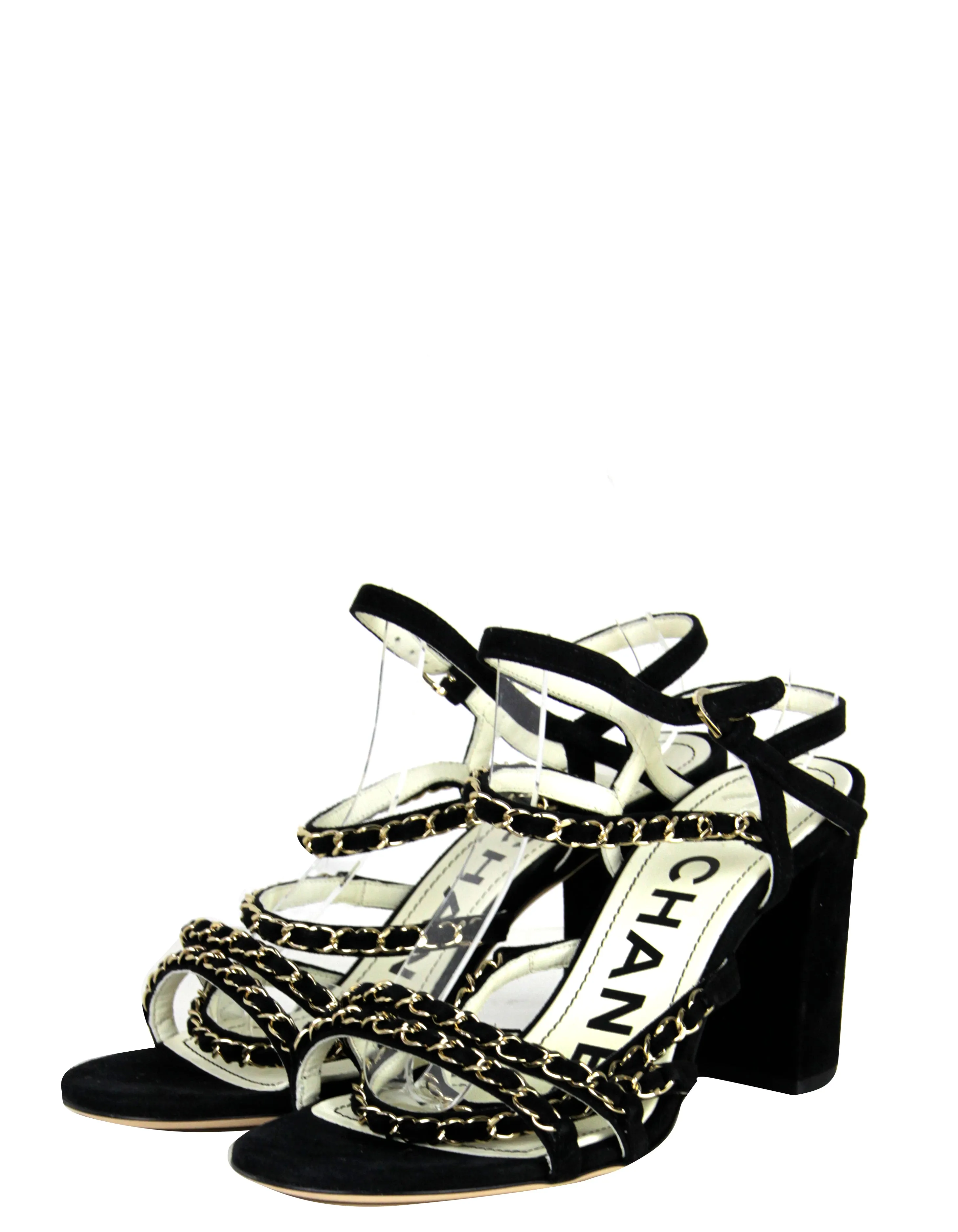 Chanel Black Kid Suede Chain Sandals sz 38.5