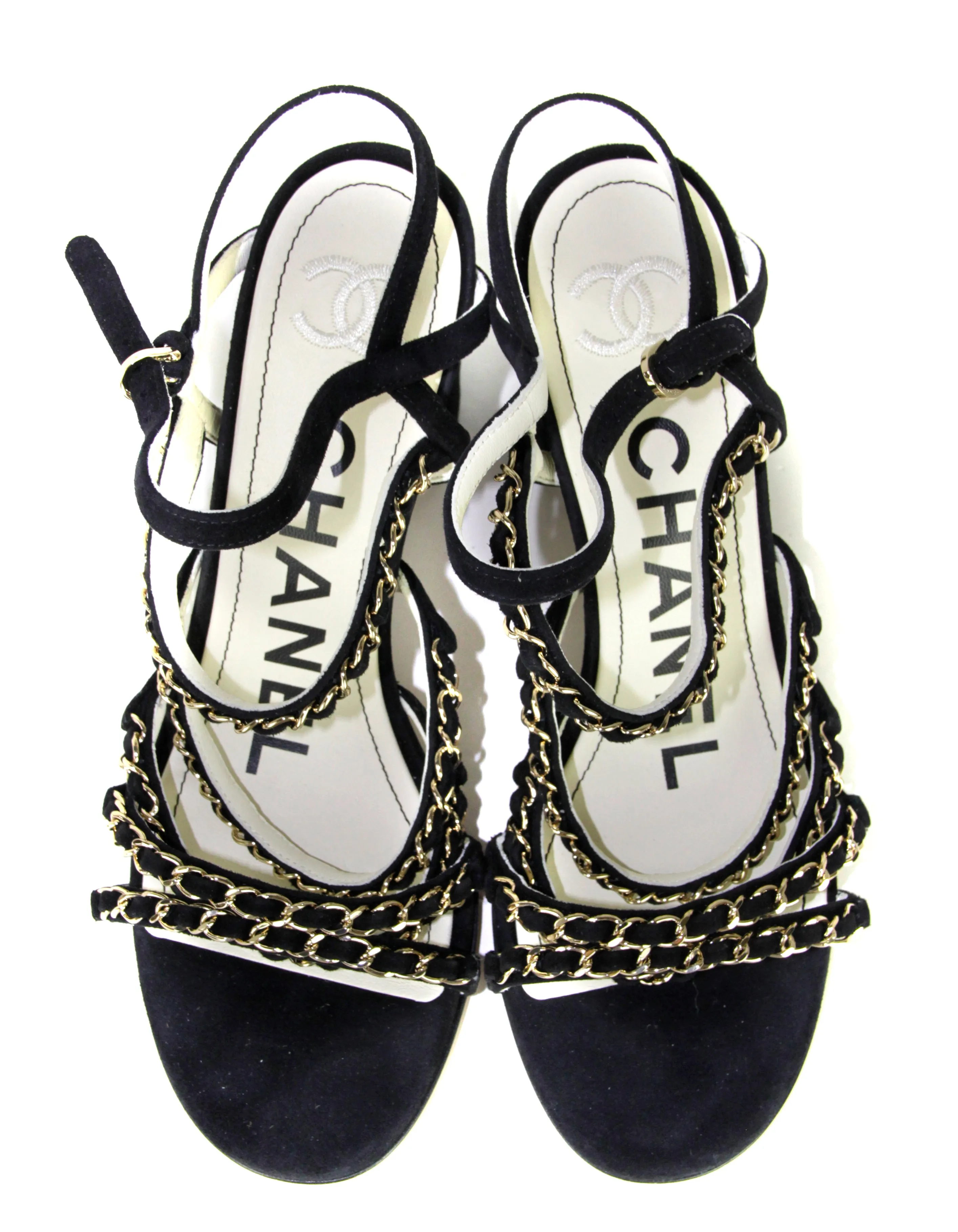 Chanel Black Kid Suede Chain Sandals sz 38.5
