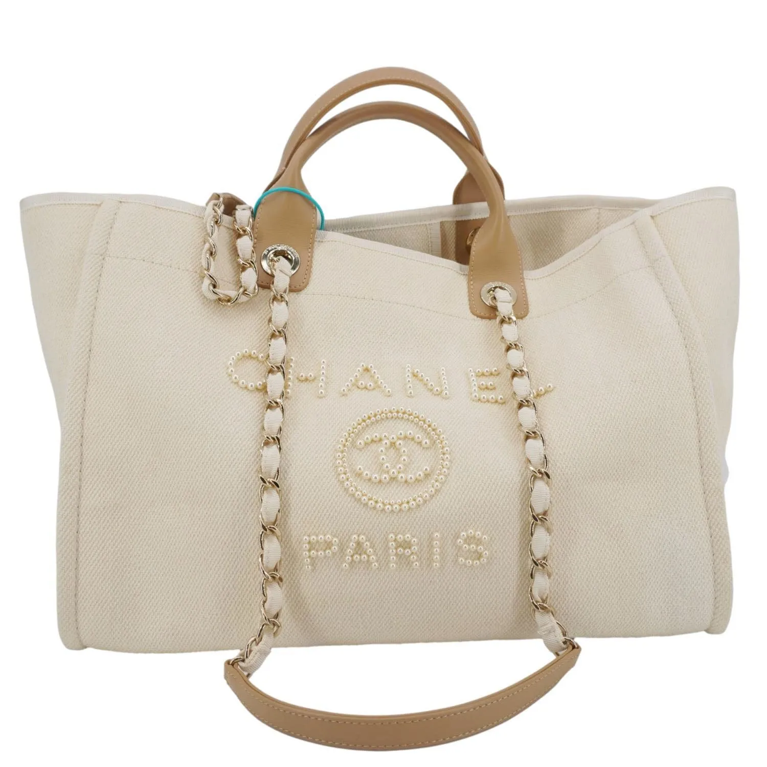 CHANEL Deauville Medium Pearl Embellished Canvas Tote Bag Cream