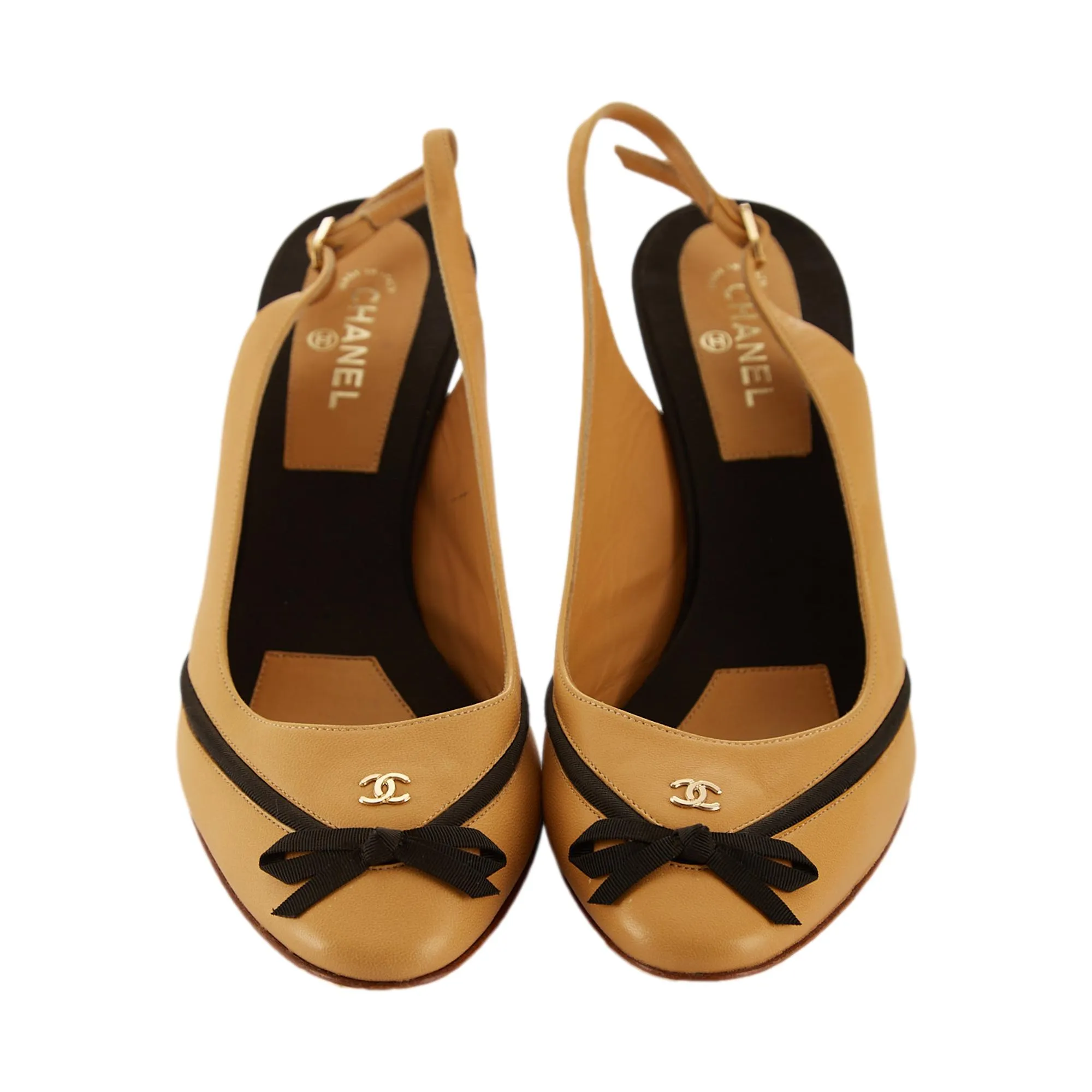Chanel Tan Logo Bow Slingback Heels