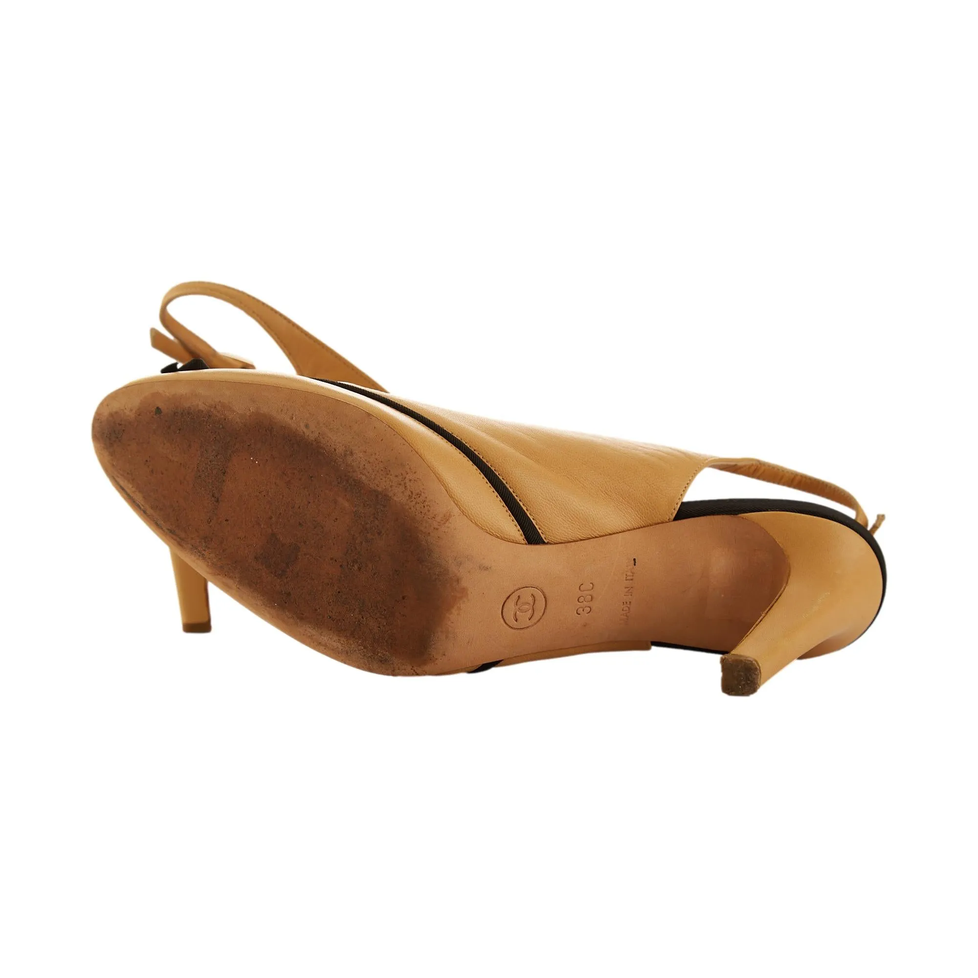 Chanel Tan Logo Bow Slingback Heels