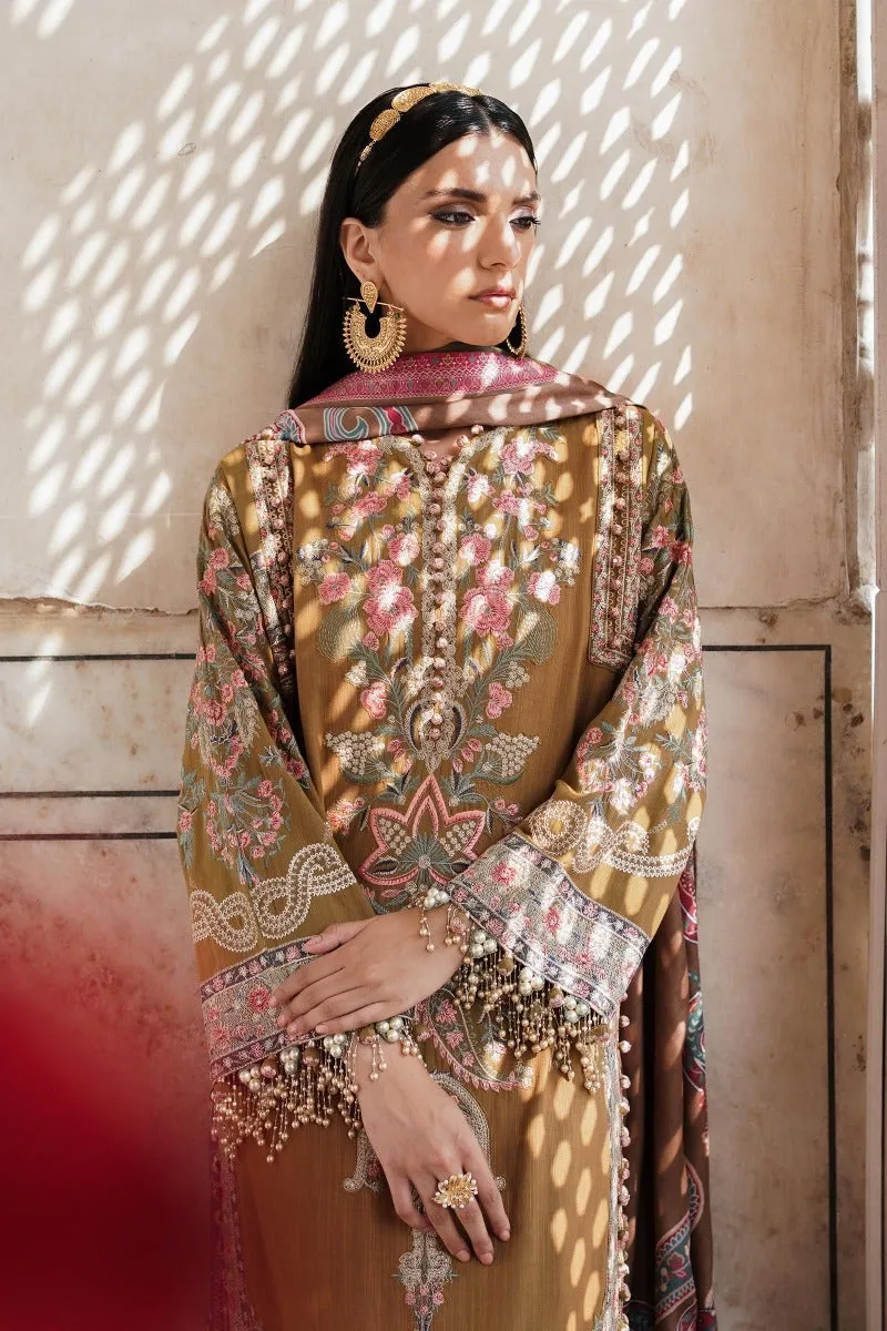 Classical Embroidered Ocher Pakistani Kameez Salwar Suit with Dupatta