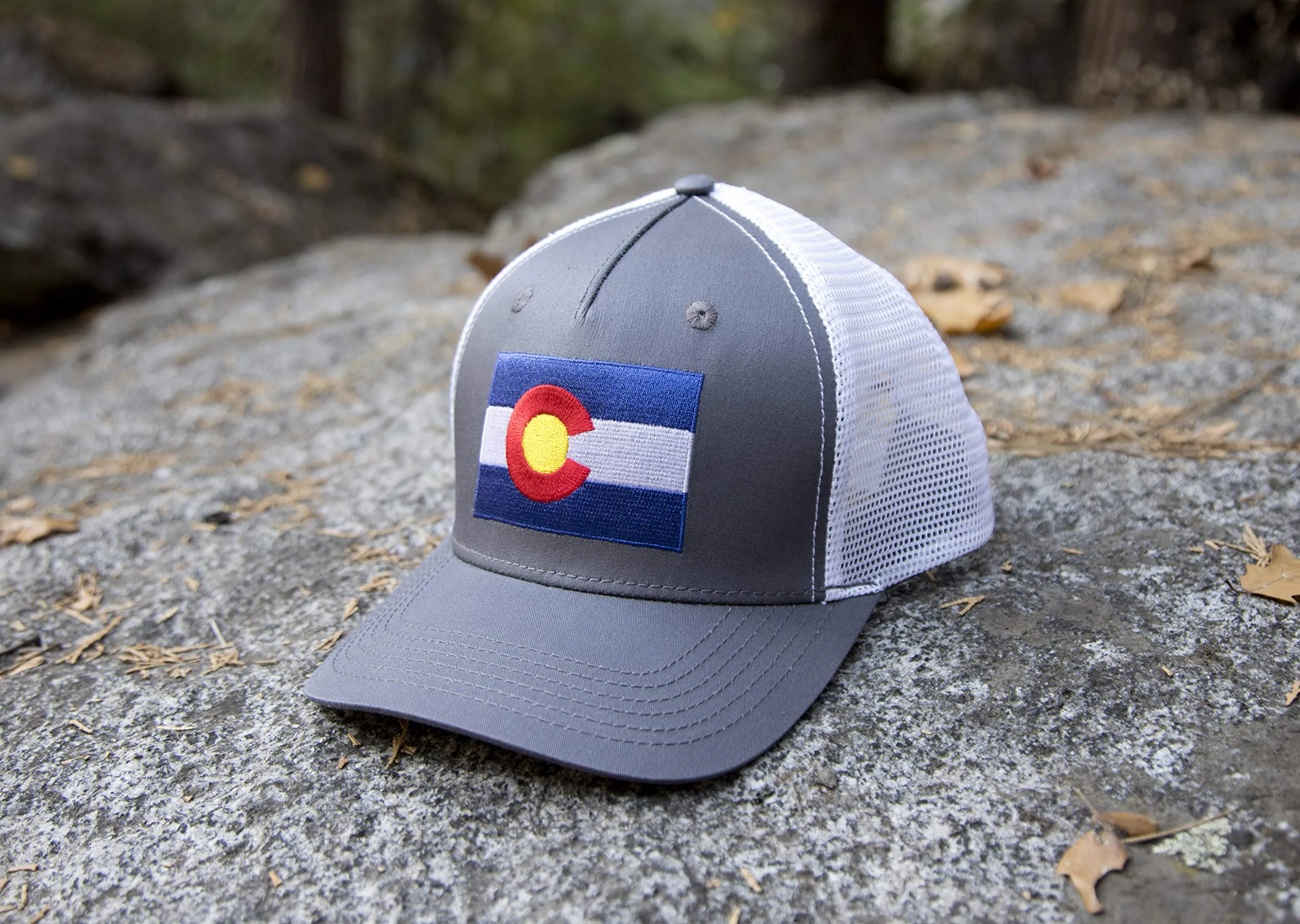 Colorado Flag Trucker Baseball Snapback Hat (Grey White) - International Tie